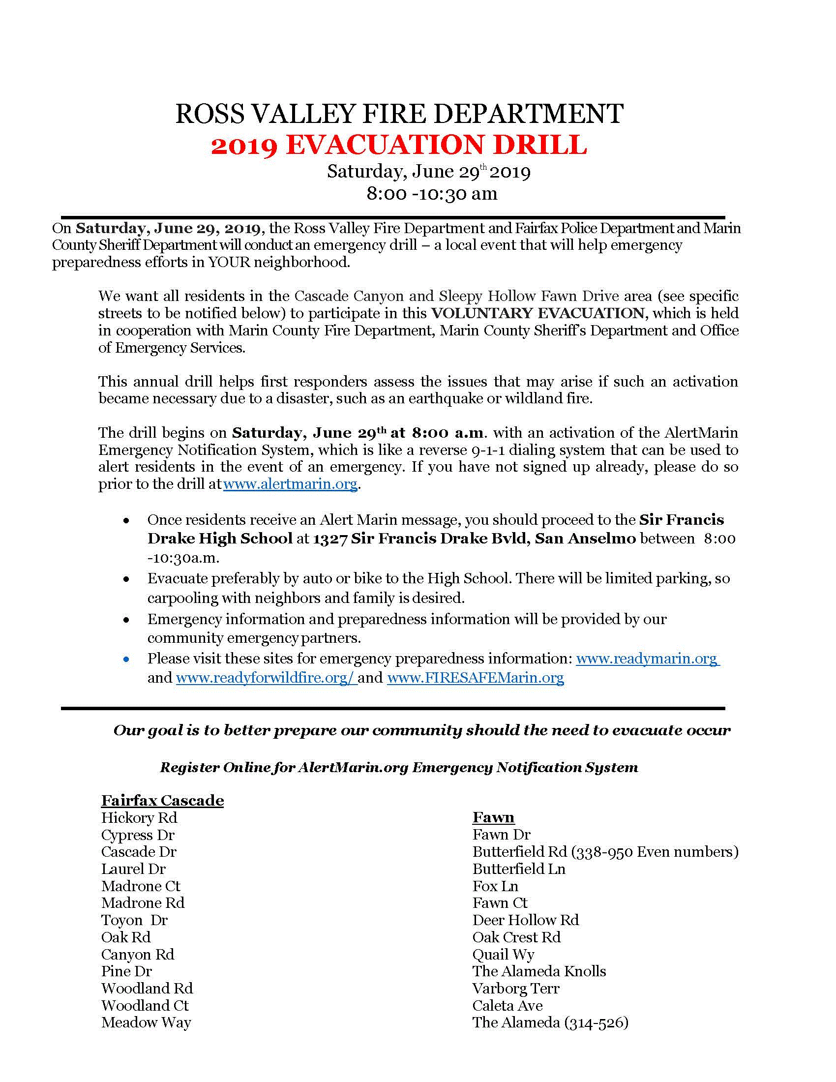 Fairfax Sleepy Hollow Evacuation Drill Cacade Fawn Zones